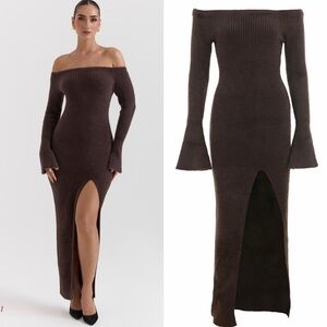❤️‍🔥Firm Price❤️‍🔥 House of CB LUCENA Espresso Knit Off Shoulder Dress